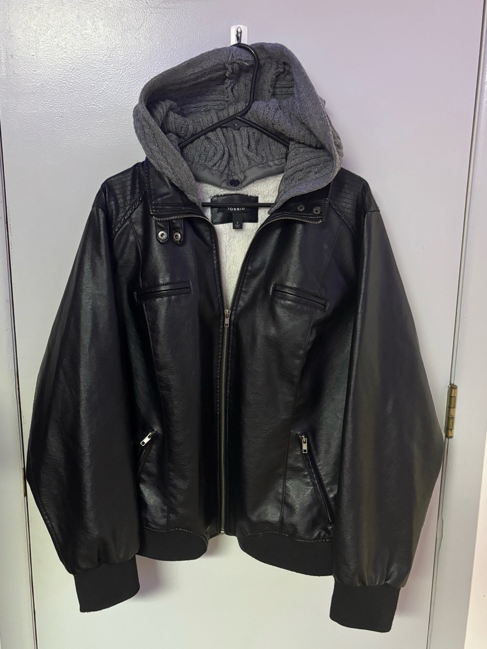 Torrid Black Faux Leather Bomber Jacket with Grey Knit Hood